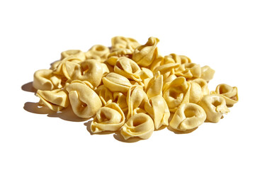 Tortellini pasta isolated on white background. Fresh Tortellini with raw prosciutto. Italian stuffed pasta