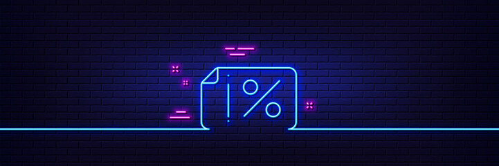 Neon light glow effect. Discount banner line icon. Sale offer coupon sign. Promotion price symbol. 3d line neon glow icon. Brick wall banner. Discount banner outline. Vector