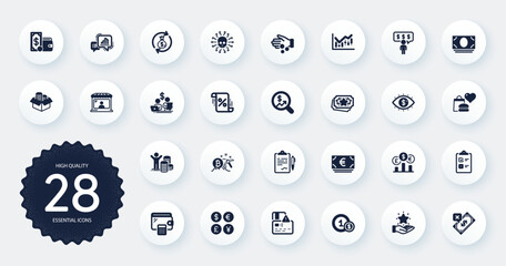 Set of Finance icons, such as Wallet money, Wallet and Currency rate flat icons. Cash money, Cyber attack, Employee benefits web elements. Card, Checklist, Loan percent signs. Circle buttons. Vector