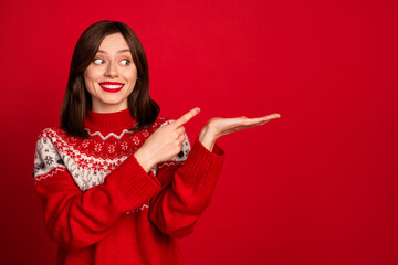 Portrait of optimistic ecstatic woman bob hairdo wear red sweater look presenting empty space...
