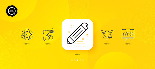 Fototapeta na wymiar Electronic thermometer, Medical mask and Atom minimal line icons. Yellow abstract background. Brand contract, Presentation icons. For web, application, printing. Vector