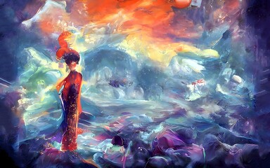 Spectacular watercolor painting of an abstract scene. Digital art illustration