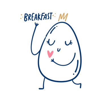 Cute vector doodle smiling funny groovy cartoon baby fairytale princess egg breakfast happy character in crown. Breakfast love lettering, good morning positive concept. Vector flat kawaii hand drawn