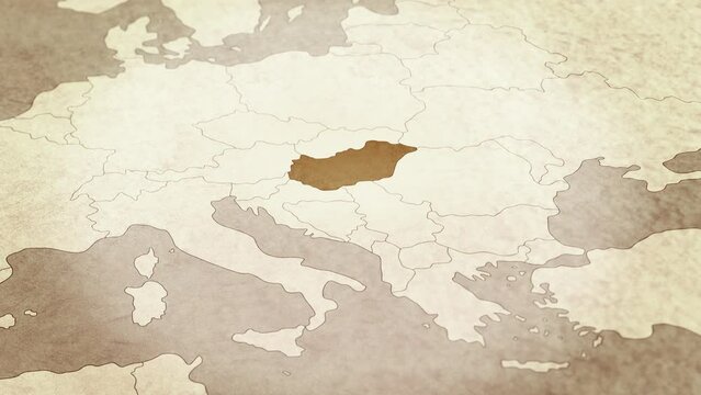 Vintage map showing Hungary. From above zooming in.