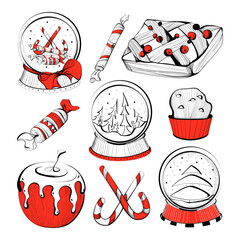 Color set of Christmas images with balls with snow, pie, cupcake, baked apple, candies