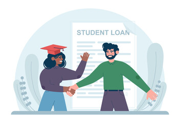 Education loan. Student characters paying debt for education.