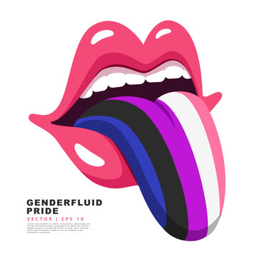 A mouth with red lips with a protruding tongue painted in the colors of the flag of gender-fluid pride. A colorful logo of one of the LGBT flags. Sexual identification.