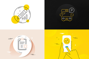 Minimal set of Reject checklist, Edit statistics and Loan line icons. Phone screen, Quote banners. Bus parking icons. For web development. Decline file, Seo manage, Investment of savings. Vector