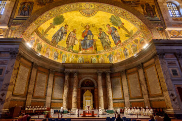 Interiors of Basilica of Saint Paul outside the Walls in Rome, Italy