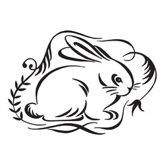 Decorative rabbit. Cute bunny in flowers doodle. Greeting card with rabbit and flowers. Black and white hand drawn illustration. Linear drawing vector image. Tattoo design.