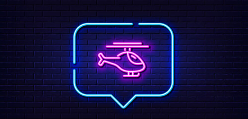 Neon light speech bubble. Helicopter transport line icon. Flight transportation sign. Neon light background. Helicopter glow line. Brick wall banner. Vector
