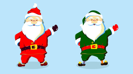 Santa Claus in different costumes with raised hand for Christmas cards and posters