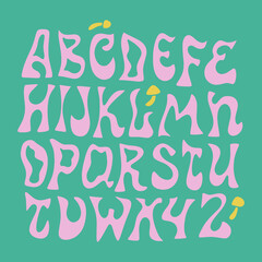 Hippie bohemian liquid groovy modern funky font alphabet 1960s with mushroom characters in boho psychedelic style. Perfect for posters, collages, clothing, music albums, custom t shirt prints and more