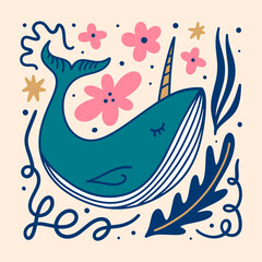 Flat doodle cartoon blue fairytale magic unicorn whale, narwhal hand drawn vector illustration isolated on color background. Sea and ocean character, aquatic marine life art. Floral childish collage - obrazy, fototapety, plakaty