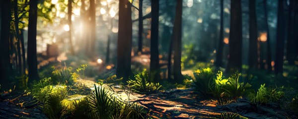 Dreamy summer background with a forest landscape. Trees during the summer season with warm sunlight. Beautiful nature scene 3d render.