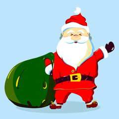 Cartoon vector Santa Claus in a red suit with a big green sack of gifts on a blue background. Suitable for Christmas typography