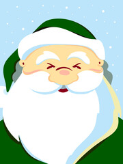 Cartoon funny Santa Claus in a green suit on a blue background close-up. Suitable for Christmas cards and New Year printing