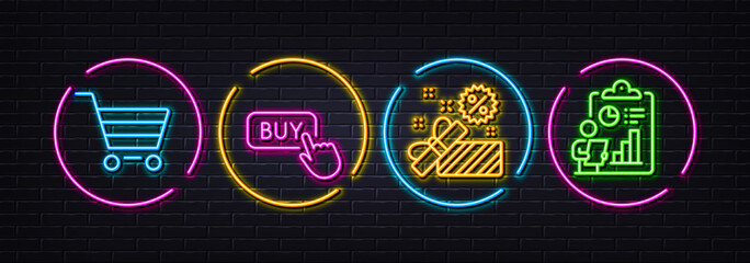 Fototapeta na wymiar Sale, Buy button and Market sale minimal line icons. Neon laser 3d lights. Report icons. For web, application, printing. Gift box, Online shopping, Customer buying. Survey clipboard. Vector