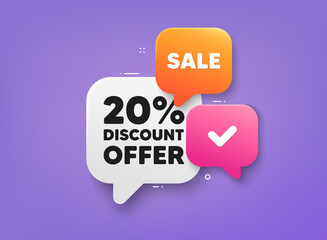 20 percent discount tag. 3d bubble chat banner. Discount offer coupon. Sale offer price sign. Special offer symbol. Discount adhesive tag. Promo banner. Vector