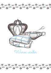 Winter greeting card with teapot, sugar bowl, blanket and frame. Printing of greeting cards