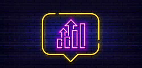 Neon light speech bubble. Analysis graph line icon. Results chart sign. Traffic management symbol. Neon light background. Analysis graph glow line. Brick wall banner. Vector