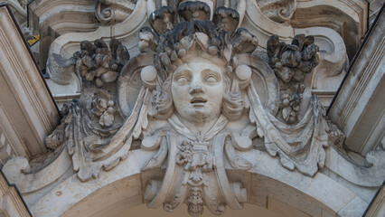 Old royal renaissance and rococo sculptures in Zwinger gardens at historical and museums downtown of Dresden, Germany.