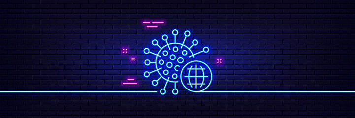 Neon light glow effect. Coronavirus pandemic line icon. Covid-19 global virus sign. Corona virus symbol. 3d line neon glow icon. Brick wall banner. Coronavirus outline. Vector