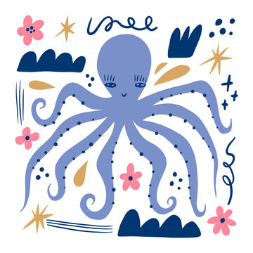 Blue flat doodle cartoon octopus, tentacles squid animal, hand drawn vector illustration isolated on white background. Sea and ocean character, aquatic marine life art. Floral childish collage groovy