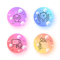 Difficult stress, Plan and Dating chat minimal line icons. 3d spheres or balls buttons. Timer icons. For web, application, printing. Mind anxiety, Architect plan, People love. Vector