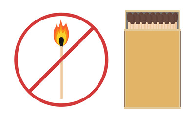 No open fire. Match with a flame behind the forbidding sign. Fire prevention. Flat style. Vector