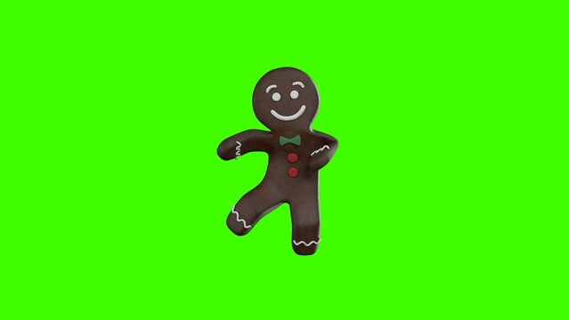 Chocolate Christmas cookie. Gingerbread man Dancer 3D animation of funny, hot and sweet cookie boys dancing for holiday and kid event, show, party. Green screen