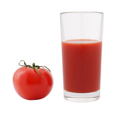 Tomato and glass of tomato juice isolated on white
