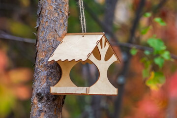 Plywood bird feeder suspended from a pine tree in close-up against the background of an autumn forest