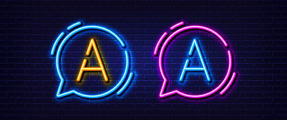 Initial letter A icon. Neon light line effect. Line typography character sign. Large first font letter. Glowing neon light speech bubble. Letter A glow 3d line. Brick wall banner. Vector