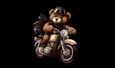 Teddy bear in a dark T-shirt rides a motorcycle vector illustration