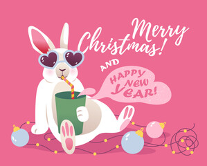 Funny bunny with a drink and Christmas decorations. Christmas card. Vector illustration