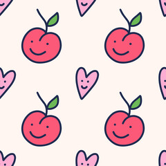 Doodle romantic Valentines day groovy seamless pattern vector clipart. Smiley hearts emoji with face and red apple funny seamless pattern. Funky groovy hand-drawn illustrations on white background.