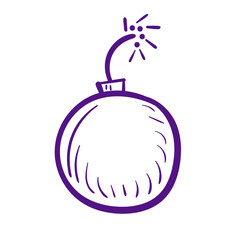 Purple doodle bomb. Danger element line art icon on white background.