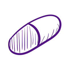 Doodle purple pill. Medicine line art vector icon on white background.