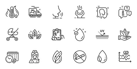 Outline set of Fever temperature, Difficult stress and Cardio training line icons for web application. Talk, information, delivery truck outline icon. Vector