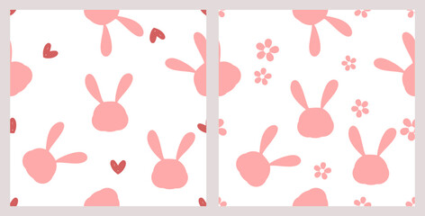 Seamless pattern with pink rabbit cartoons, hand drawn hearts and daisy flower on white backgrounds vector illustration.