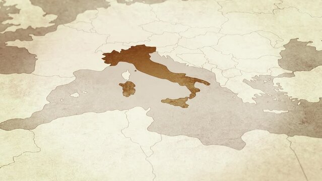 Vintage map showing Italy. From above zooming in.