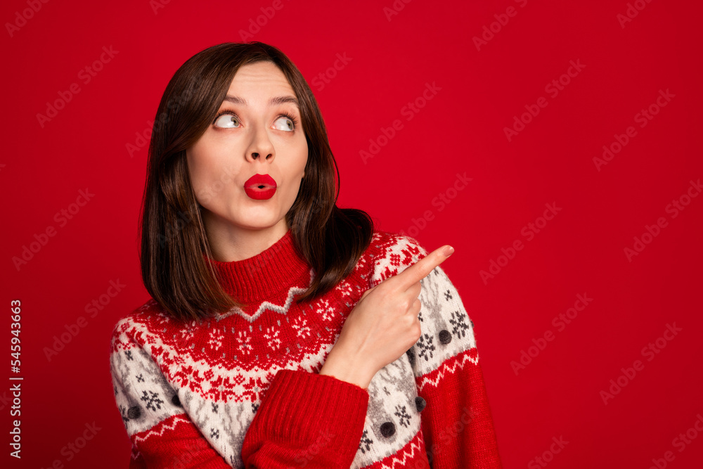 Sticker Portrait of speechless astonished woman bob hairdo wear red sweater look directing empty space discount isolated on red color background