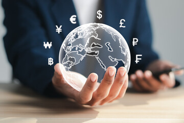 Online banking interbank payment concept. Businessman with virtual global currency symbols in hand. Money transfers and currency exchanges between countries of the world.