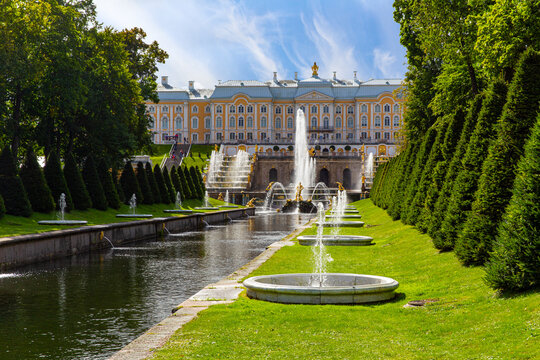 Grand Cascade and Grand Palace of the Palace and Park Ensemble in Peterhof, St. Petersburg, Russia