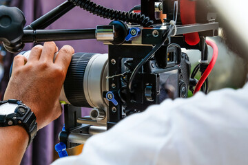 Fototapeta premium detail of Video camera , film crew production, behind the scenes background