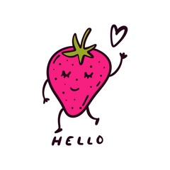 Cute vector doodle smiling funny groovy cartoon baby strawberry happy character saying Hi. Vitamin positive berry lettering concept. Vector flat kawaii hand drawn adorable illustration. Isolated on