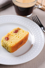 Brazilian corn cake made with a type of corn flour (Fuba) Bolo de Fubá, Selective focus
