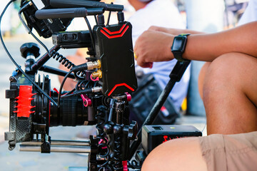 Fototapeta na wymiar detail of Video camera , film crew production, behind the scenes background