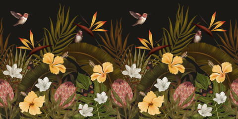 Vintage dark tropical background with protea, hibiscus flowers, leaves, hummingbirds, butterflies. Seamless border. premium wallpaper. Hand drawn, 3d illustration. Luxury mural for paper, packaging